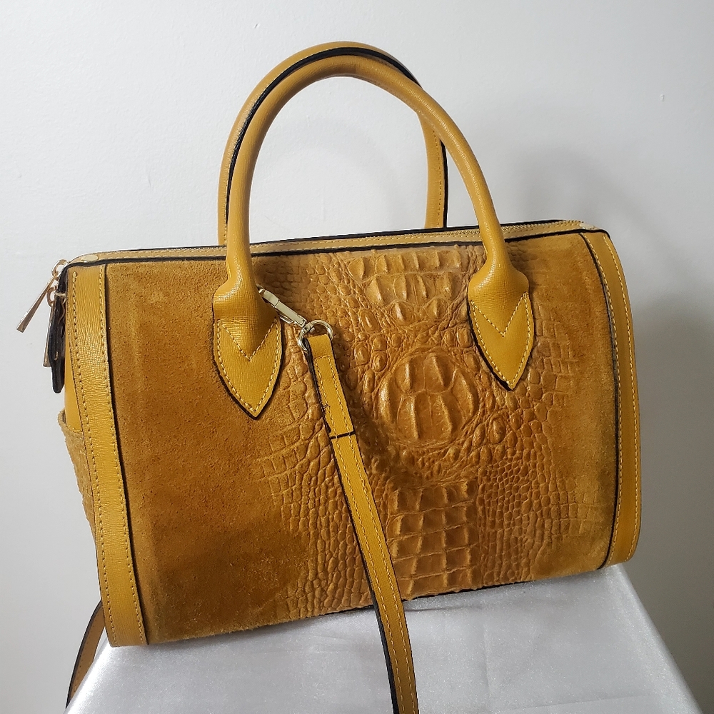 Mustard Yellow Croc-Embossed Suede Satchel Handbag - Picture 2 of 10